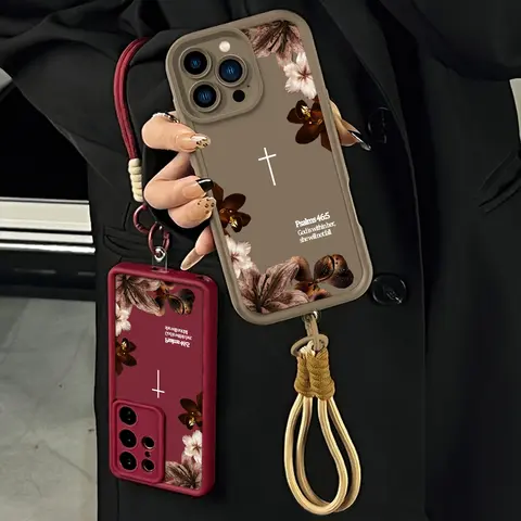 Vintage Floral Aesthetics Lanyard Phone Shell Christian Psalms 46:5 Cross for iPhone 18 17Pro Max Air 16 15Plus 14 13 12 11 XR XS Galaxy S25 S24 S23 S22 A71 A56 A55 A54 A53 A52 Matte Finish Anti Drop Bumper Religious Birthday Gift For Her .NN114