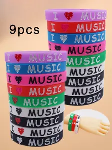 9pcs Silicone Bracelets with Music Quotes, Word Bracelets, Multicolor Party Wear, Daily Use, Perfect Gift, Fashion Accessory for Women & Men
