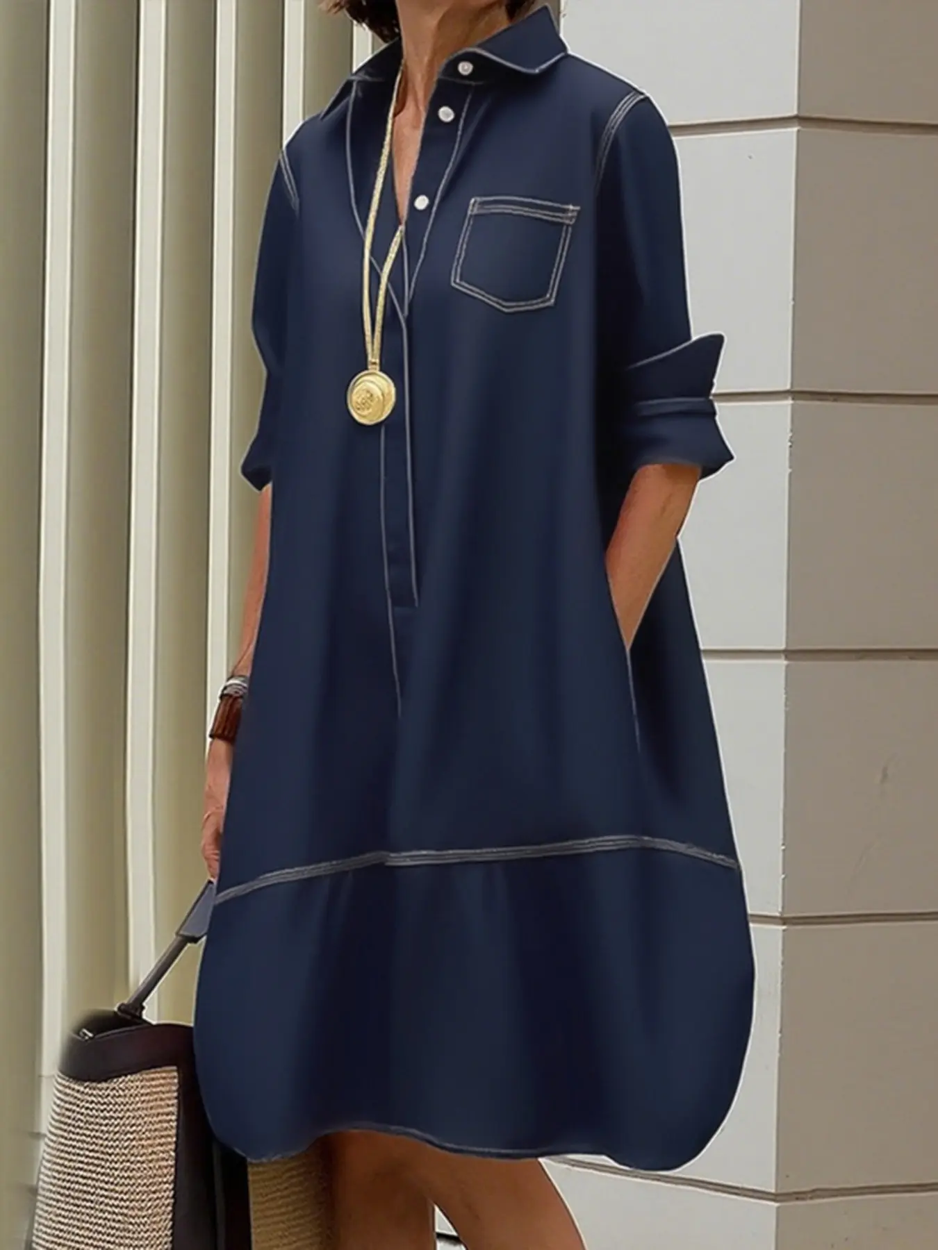 Long Sleeve Loose Fit Button Pocket Solid Color Collar Mid-Length Dress, Casual Fashion Women's Clothing, Perfect for Daily Wear