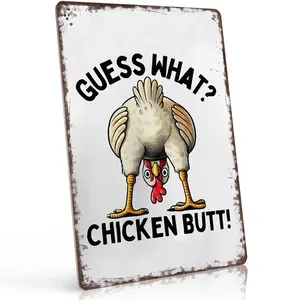 Guess What? Chicken Butt Funny Farm 8x12 Inch Aluminum Metal Sign - Humorous Poultry Wall Decor for Farmhouse Kitchen, Chicken Coop, Dorm Room, Backyard Patio - Retro Tin Sign Gift for Chicken Lovers, Farmers and Funny Gift Seekers