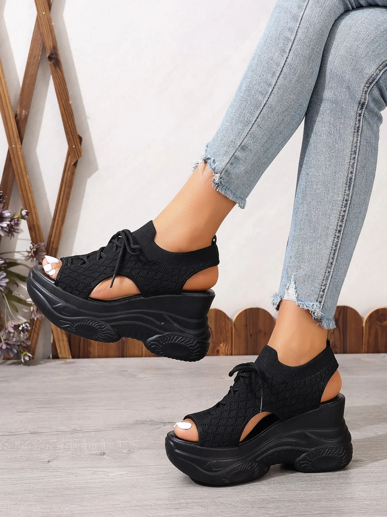Women's Knit Mesh Platform Sandals, Adjustable Strappy Sandals, Lace-Up Elastic Wedge Shoes, Open-Toe Sport Sandals, Lightweight Sporty Wedges, Fashionable Comfy Sandals