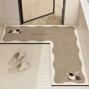 1pc Irregular L-Shaped Kitchen Mat, Vintage Wood Grain Print, Absorbent Non-Slip Silicone Mud Bath Rug, Easy Clean Home Decor Carpet