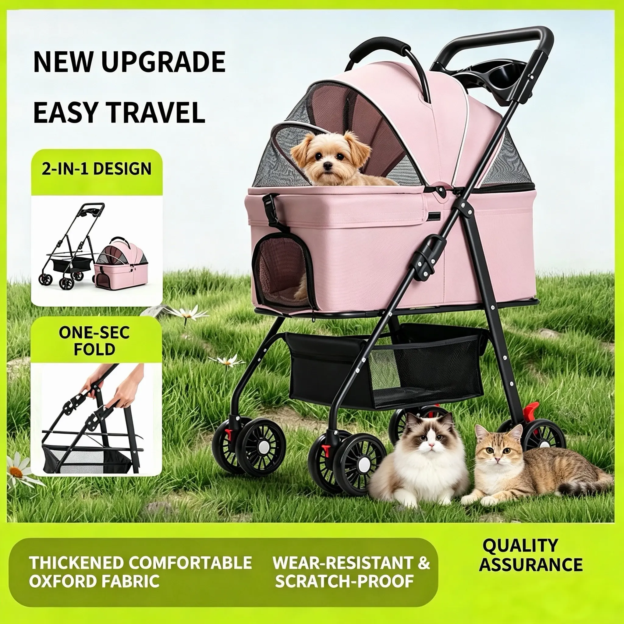 3-in-1 Pet Stroller, Car Seat & Carrier for Small Dogs/Cats, 4-Wheel Foldable Design, 44 lbs Max Load, Durable Oxford Fabric, Cup Holder, Large Storage Basket, Easy Installation, Pet Travel Accessory, daily walk, Smooth Ride, Detachable Parts