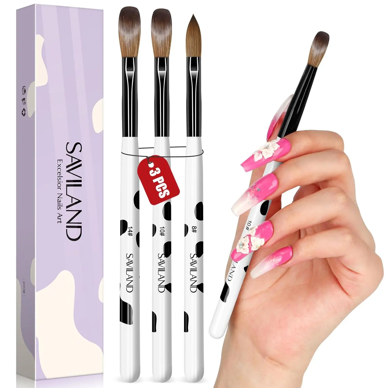 SAVILAND 3PCS Acrylic Nail Brush Set Size 8/10/14 Black & White | Kolinsky Acrylic Nail Brushes, for Acrylics Application, Acrylic Powder Nail Art Extension, for Beginner & Professional