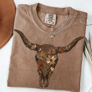 Comfort Colors Brushstroke Floral Western Cow Skull Vintage T-shirt Cowboy Graphics Punchy Western Tshirt Flower Cowgirl Sublimation Desert Western FIB