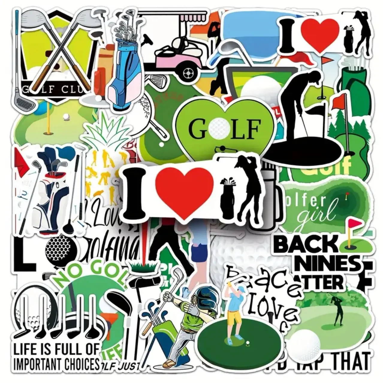 50 Pack of Golf Sports Themed Stickers. No Duplicates, Waterproof.  Great for water bottles, laptop computers, cell phones, notebooks, luggage and more