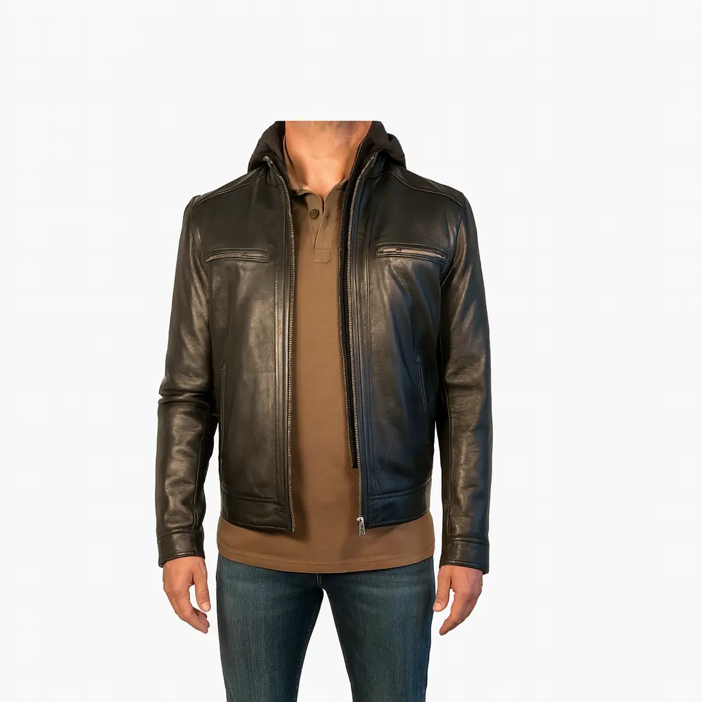 Pelleaura Men's Hector Black Hooded Leather Biker Jacket - Premium Sheep Leather, Iconic Design, Removable Hood, Practical Pockets, Flattering Fit