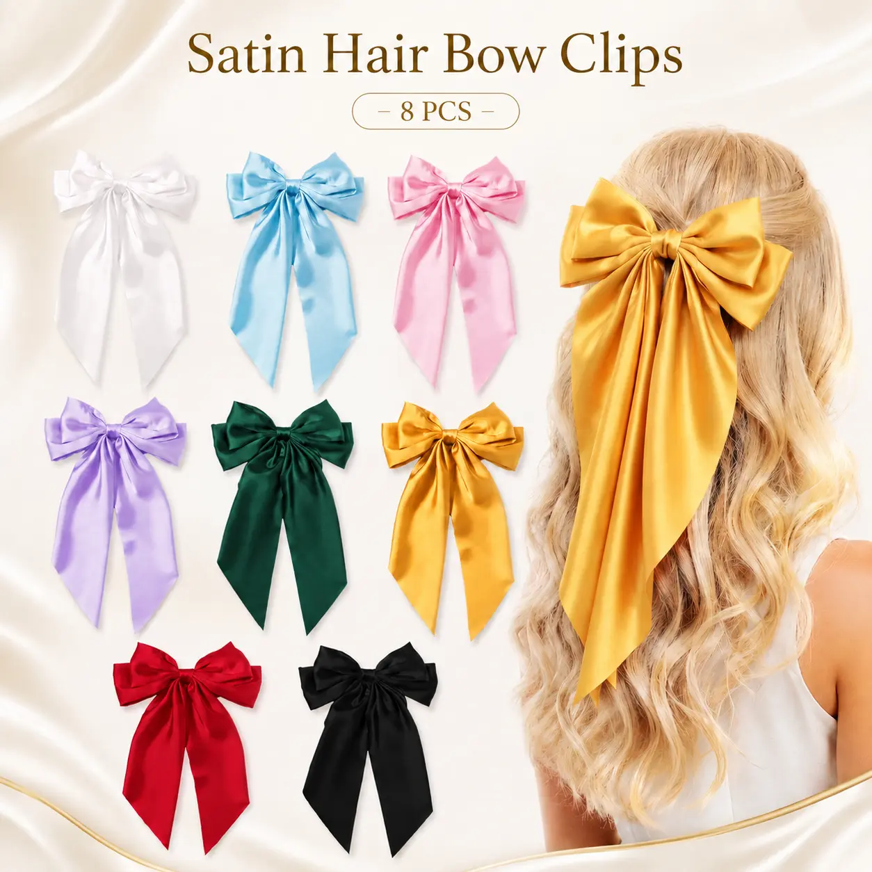 Elegant Big Bow Hair Clips for Women - 8PCS French Barrettes with Long Draping Satin Ribbons