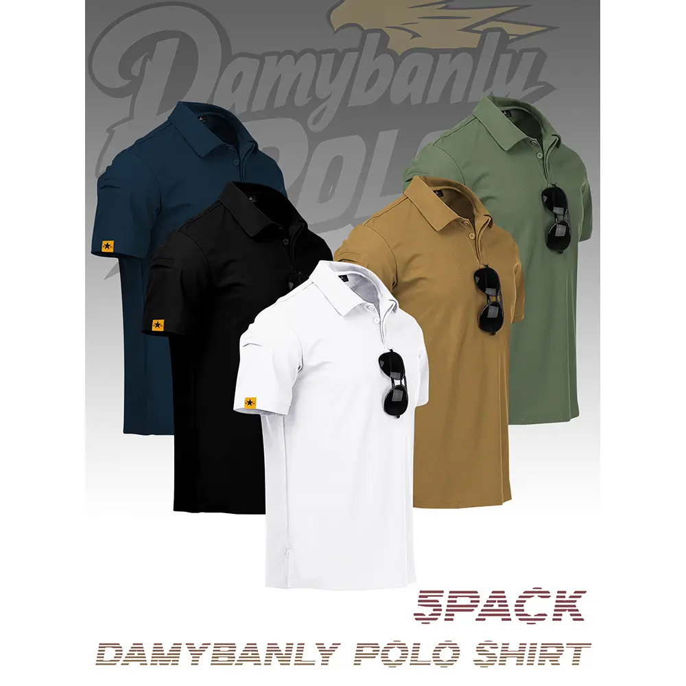 Damybanly Men's 5-Pack Solid Short Sleeve Button Front Polo Shirts - Chic Look, Fitted Herringbone Elastane Tops with Cartoon Figure, for Golf, Smart Casual (Size M, Washable, Cold Wash Only, Do Not Bleach)