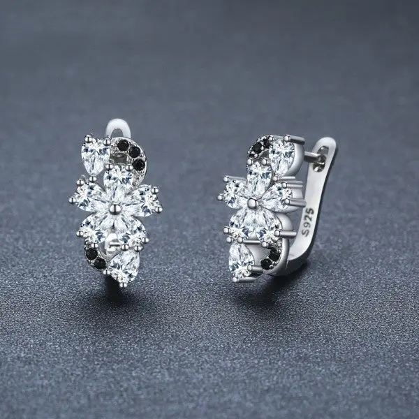 Flower Cubic Zirconia Stud Earrings for Women (Black)
