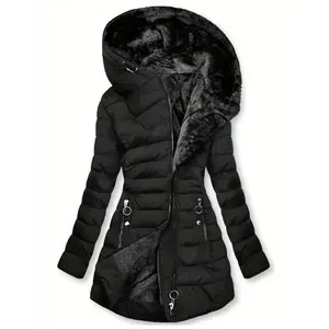 Women’s Zippered Hooded Down Jacket, Casual Long-Sleeve Padded Winter Jacket with Pockets and Faux Lining