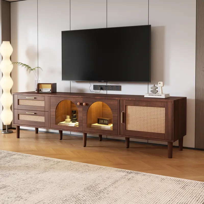 Modern Rattan Woven Texture Television Console Table - TV Shelf with 3 Cabinets, 2 Drawers, LED Lights, Entertainment Center for TVs up to 80", Living Room Home Theatre Furniture WL, Modern Tv Stands