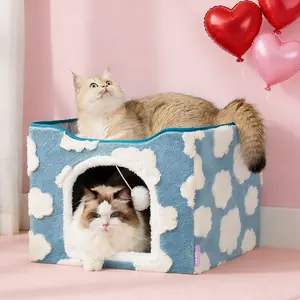 Lesure Indoor Cat Beds Kitten House - Large Cat Cave for Pet Cube with Fluffy Ball Hanging, Foldable Small Animal Hideaway