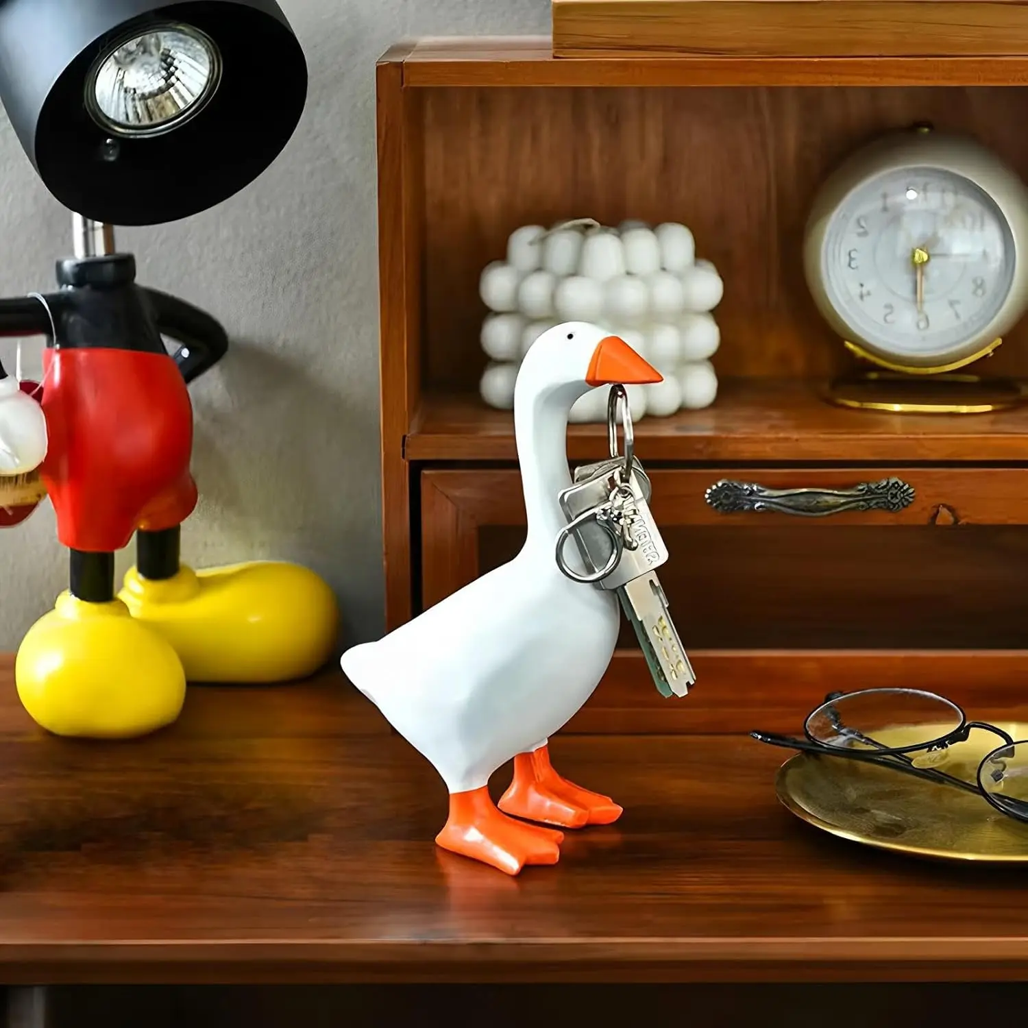 7-Inch Magnetic Desk Goose Standing Decorative Sculpture with Interchangeable Outfits, White with Orange Beak Keychain, Table & Office Home Decor Gift Conversation Starter