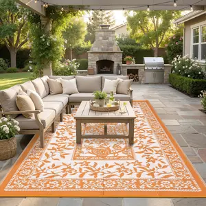 Outdoor Rug Patio Waterproof, Reversible Plastic Straw Camping Rug, Botanical Grove Vintage Cottage core Outdoor Mat for RV, Deck, Picnic, Beach, Backyard, OrangeWhite