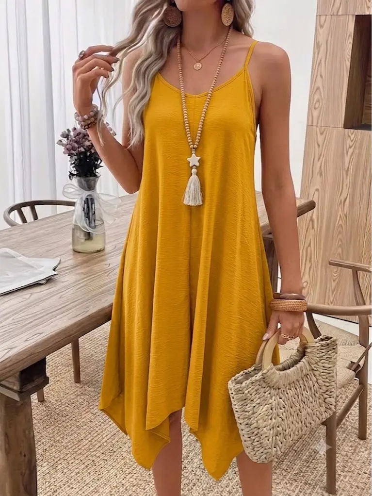 WCQ Women's Retro V-Neck Light Spaghetti Strap Asymmetrical Midi Dress - Polyester-Spandex Blend, Minimalist Style, Relaxed Drape, Jumpsuit-Inspired Wide Leg Loose Fit, Breathable, With Pockets, For Beach, Birthday Events, Sleeveless, Everyday