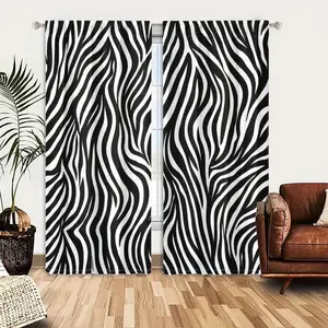 2pcs Window Curtains, A monochrome zebra print pattern, showcasing organic, wavy black stripes on a white background. This classic animal skin design is seamless.Window Drapes for Bedroom Living Room, Rod Pocket Window Treatment