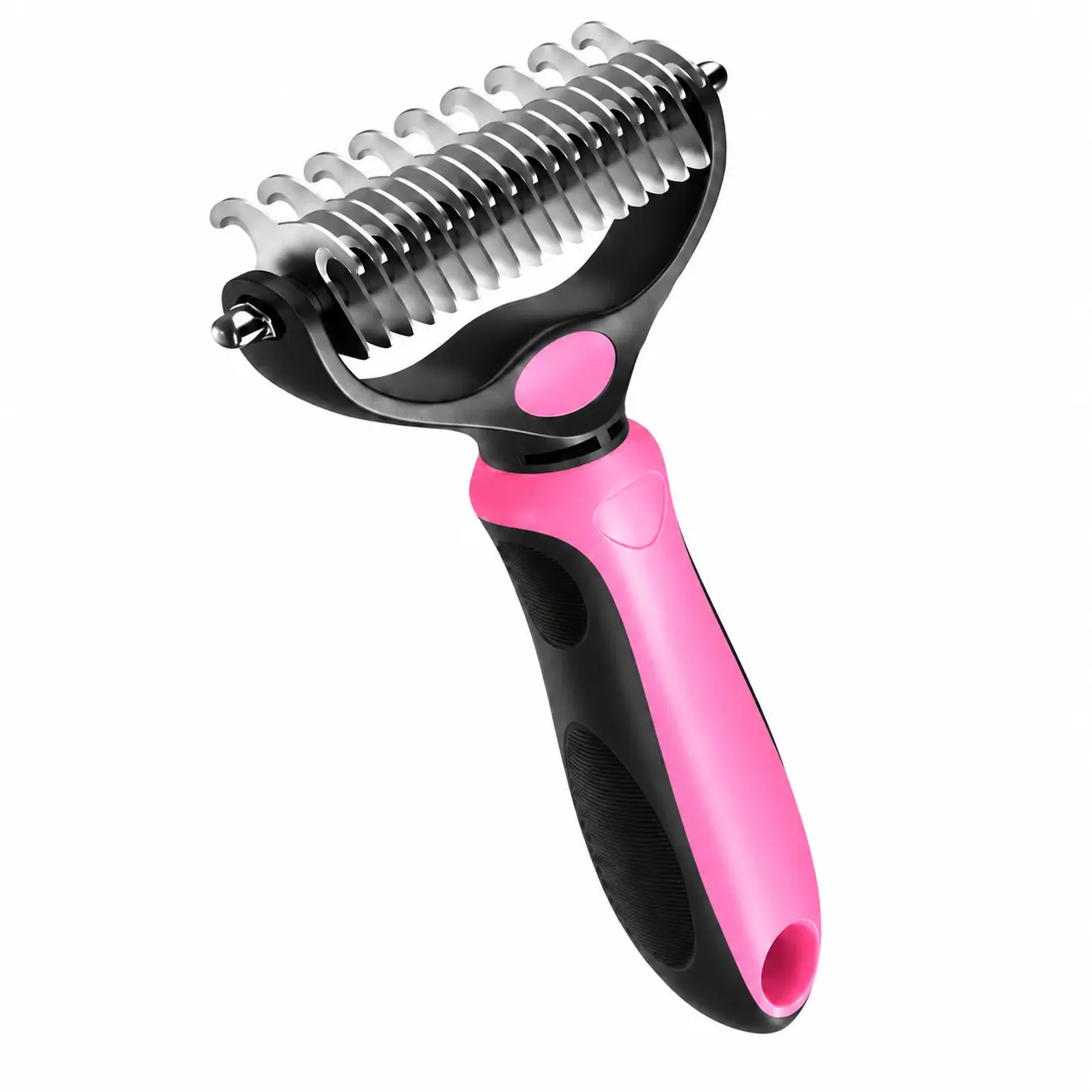 Dual-Side Stainless Steel Pet Dematting & Deshedding Comb, Grooming Tool with Rounded Curved Hook Blade Teeth & Non-Slip Comfortable Grip for Long-Haired Dogs, Home & Grooming Salon Use