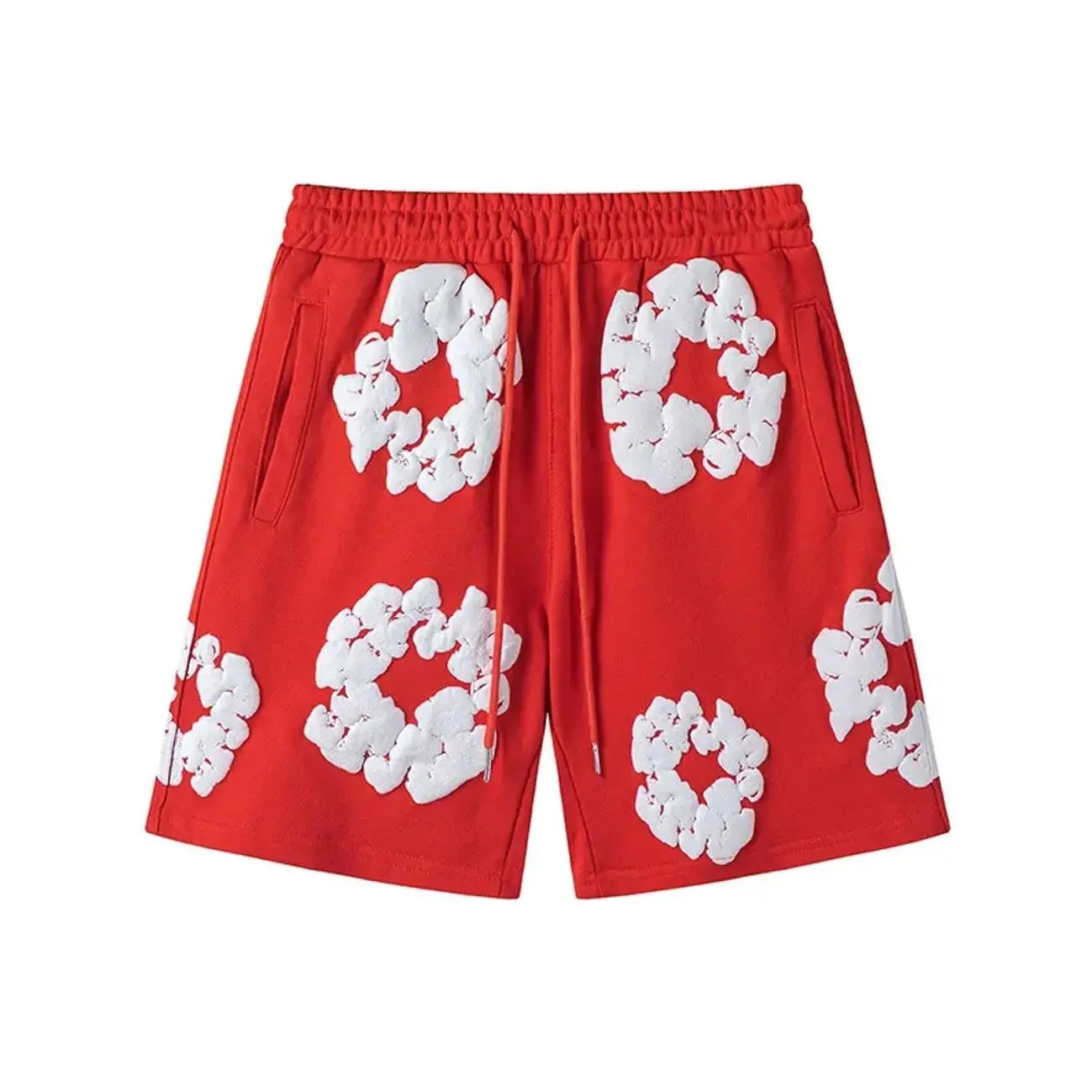 Y2K Streetwear Foam Floral Wreath Graphic Sweat Shorts, Red Denim Drawstring Straight Knee Length Casual Shorts