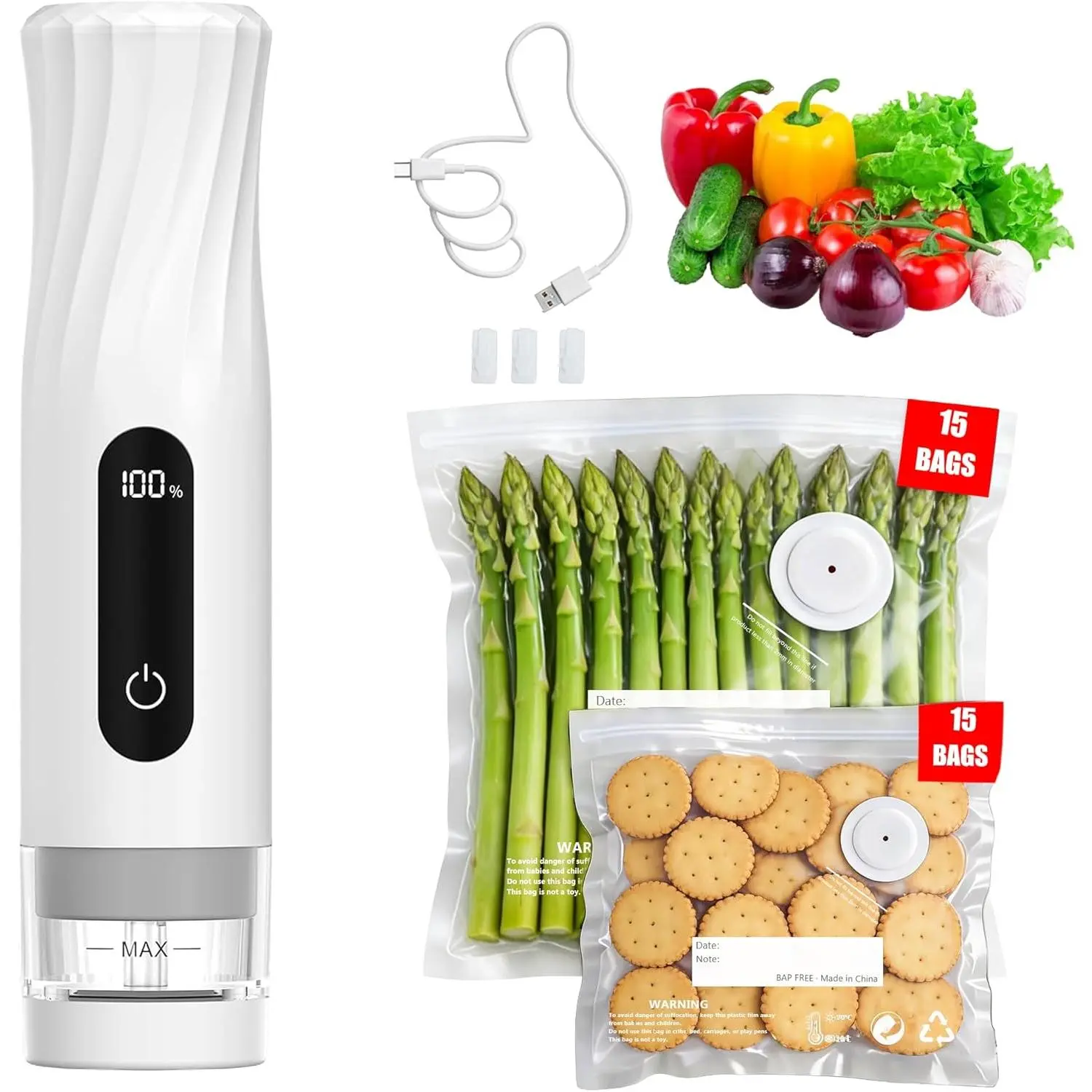 Compact Vacuum Sealer for  Storage: Portable Handheld  Sealer, 80kPa Suction, 1800mAh , 30  Vacuum Bags, Preserve 5X Freshness with Easy Operation