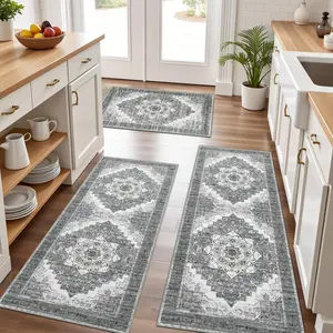 3-Piece Soft Non-Slip Bohemian Kitchen Rug Set, Washable Floor Mats, Low Height Kitchen Area Rugs, Ideal for Kitchen Laundry Room Hallway Decor, Boho Kitchen Rug