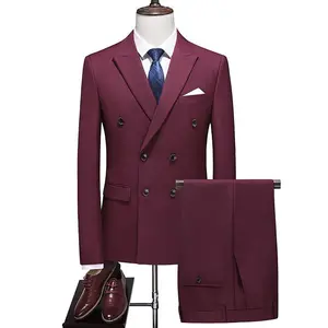 Wine red new men's plus size two-piece double breasted solid color suitRAIMENTRY