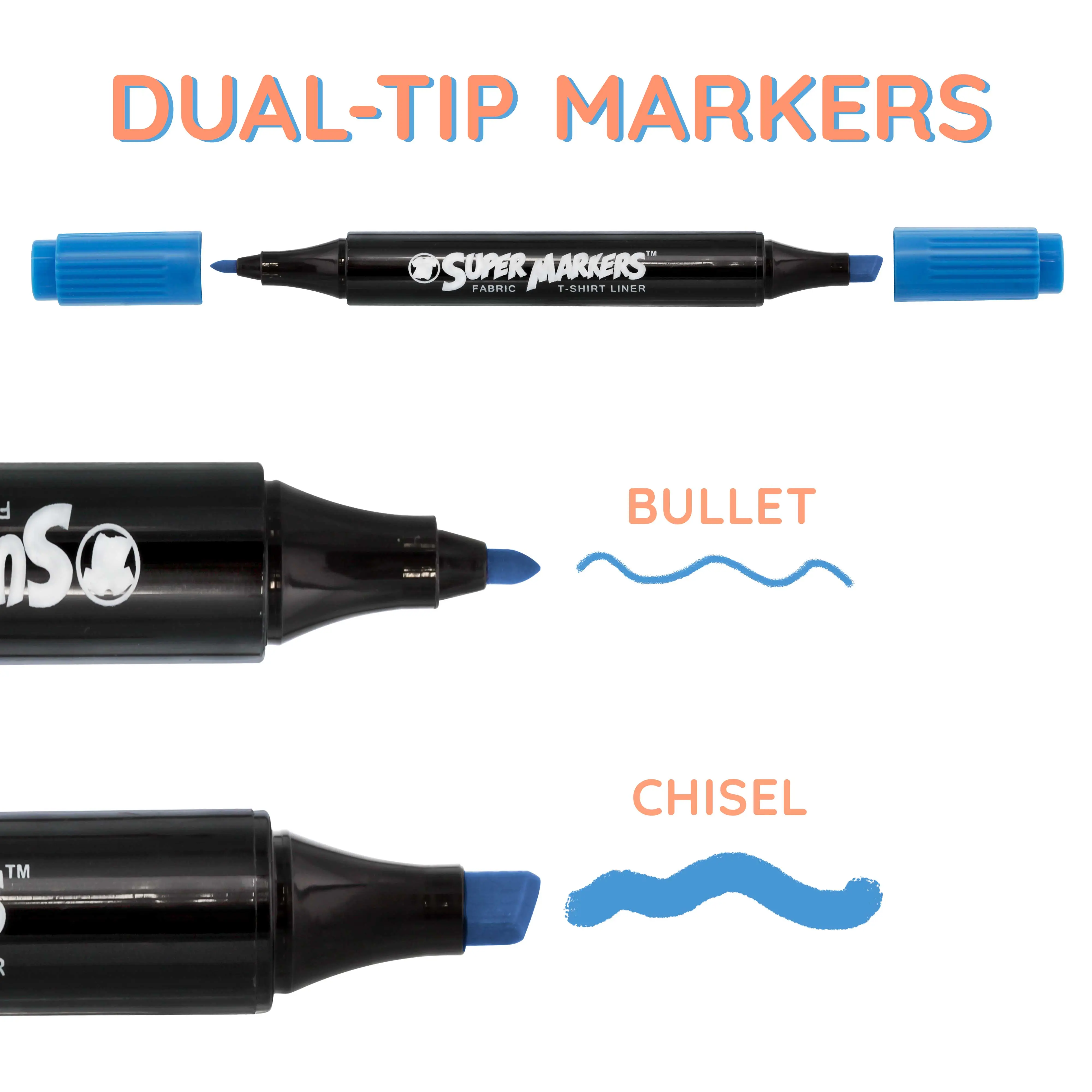 Super Markers 20 Vibrant Dual Tip Fabric Markers - Fine & Chisel Point Pens Fabric Marker Permanent for Clothes, T-Shirts - Permanent Ink Eye-Catching Vibrant & Bold Colors