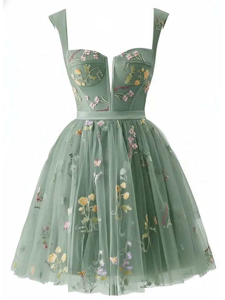 Green 1970s Embroidered Floral Lace Mini Dress Prom Graduation Dress formal womensummer dresses vacation outfits Wedding Guest Dress Fall Wedding Guest Outfit BackToSchool Sohochic Fall Dresses Fall outfits Fall fashion