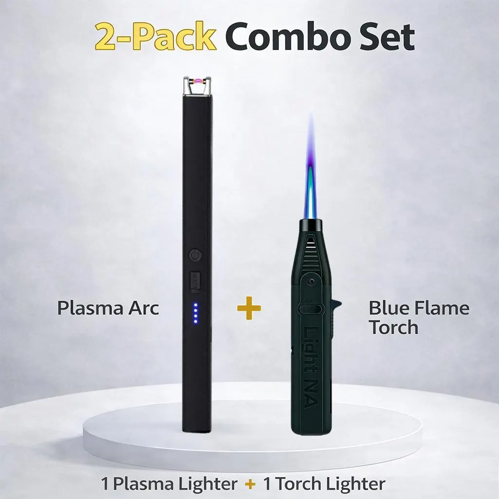 2-Piece Combo Set Handheld Lighters - USB Rechargeable Plasma Arc Lighter + Windproof Jet Torch Lighter with Safety Lock, for Candles, BBQ, Camping & Gifts (Butane Not Included)