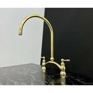 Handmade Unlacquered Brass Victorian Bridge Faucet with Swivel Gooseneck Spout