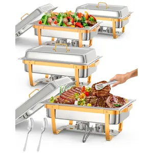 GARVEE Gold Chafing Dish Buffet Set: 4 or 6 Packs, 8 QT Each, Includes Folding Frame, Spoon & Tweezer, Perfect for Weddings, Parties, Banquets, Catering Events