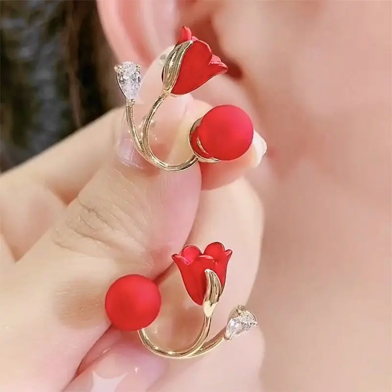 Shiny S925 Silver Needle Red Rose Flower Pearl Earrings, DDES0114 Fashionable Internet Celebrity High-end Earrings, Dual-wear Earrings 14K Gold-Plated
