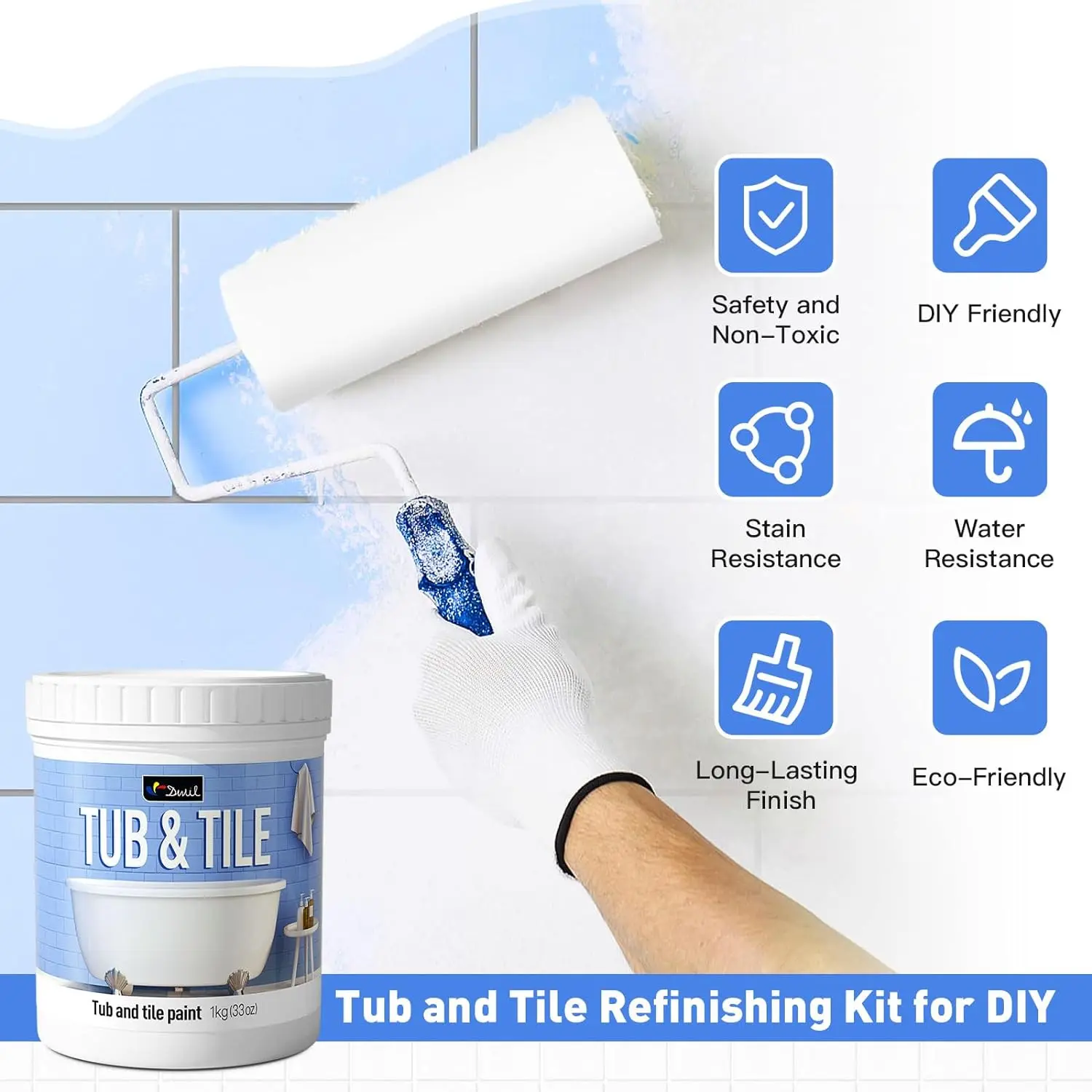 DWIL Bathtub Refinishing Kit - Water-Based Tub & Tile Paint, Low Odor, Semi-Gloss White, Quick Dry, Easy Application, Includes Tools for Bathroom & Kitchen Sink, Toilet Painting
