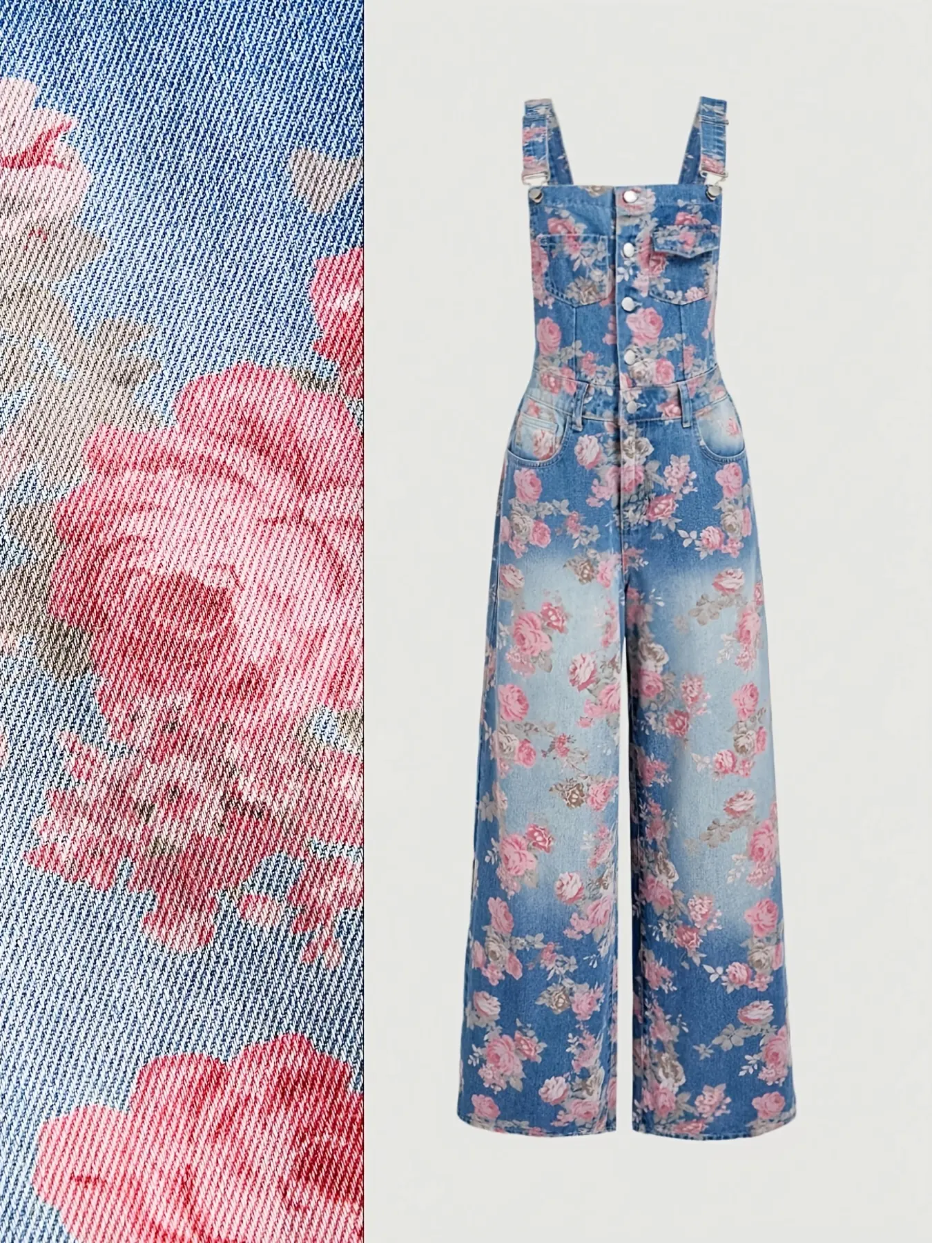 2025 Spring Summer Vintage Washed Gradient Blue Overalls, All-Over Pink Rose Floral Print, High-Waisted Fit, Adjustable Buckle Straps, Loose Straight-Leg One-Piece Jumpsuit
