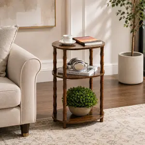 3-Tier Rustic Brown Round Side Table (15.7"×11.6"×24.4") Fultyle Side Table Small End Table with Storage Shelf Modern Bedside Table Night Stand for Living Room Bedroom Office and Small Spaces