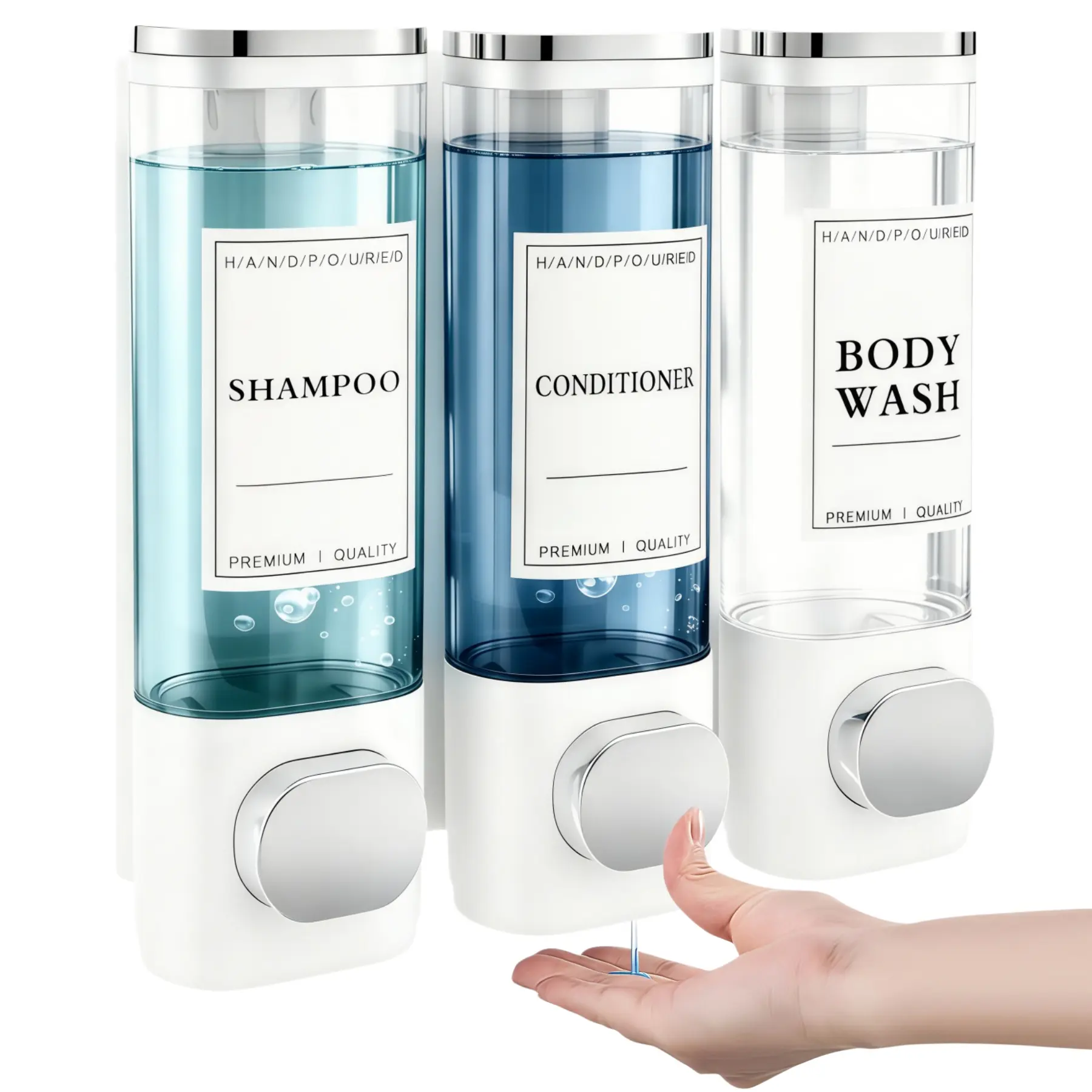 LMMAKE 1SET Wall-Mounted No-Drill Shower Soap Dispensers, 3×300ml Silver Shampoo & Conditioner Dispensers with Labels, Suitable for Bathrooms & Hotels