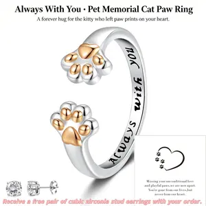 Rexviao Women's Luxury Adjustable Open Golden Paw Designs Artificial Gemstone Ring - Everlasting Love Heartfelt Tribute Pet Memorial Jewelry, Forever Hug Always by Your Side Gift with Exquisite Packaging