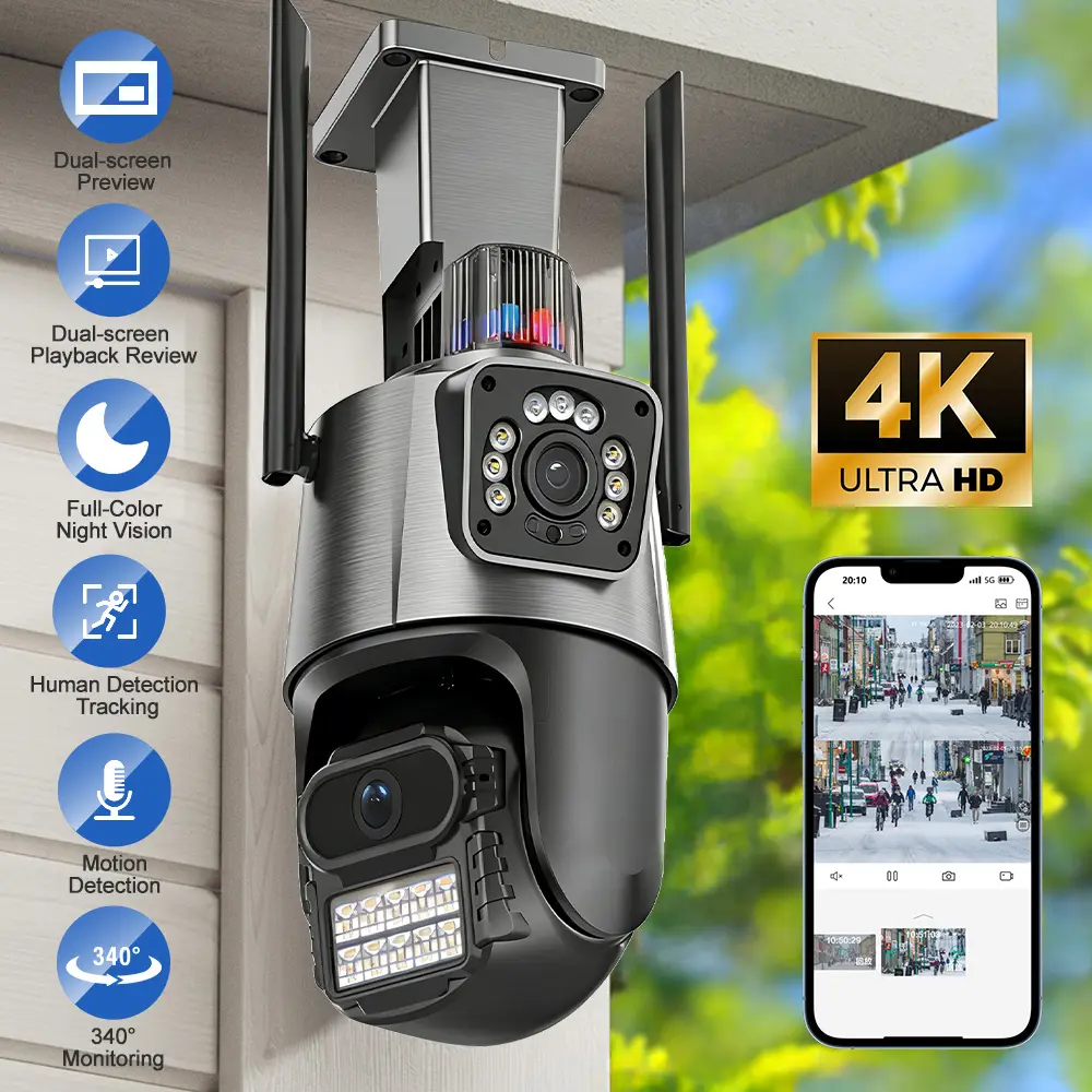 4K Dual-Lens WiFi Security Camera, Outdoor PTZ Camera with Dual-Screen Display, AI Human Tracking, Full-Color Night Vision, Two-Way Audio, Waterproof Home Surveillance System