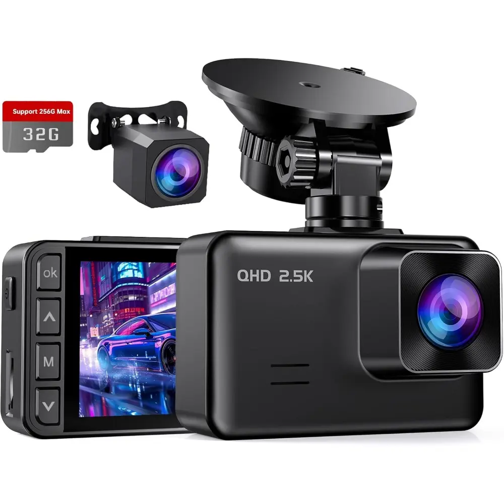 Dash Cam Front and Rear, 2.5K+1080P Dual Dash Camera For Cars, 2’’ Display Mini Car Camera, G-Sensor Dashcam, Night Vision, 24H Parking Mode, Loop Recording, 170°Wide Angle, 32GB Card Included