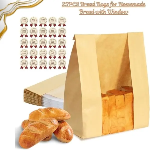 25PCS Bread Bags for Homemade Bread with Window, Large Sourdough Bakery Paper Bags, Food Storage Packaging Gift Bags with Stickers 13.7x8.3in, Mother’s Day Gift, Father’s Day Gift