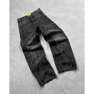 Y2K Baggy Jeans for Men - Hip Hop Distressed Retro Black Trousers with Embroidery, Pockets, and Blue Plain Design Quality clothing  svallberis