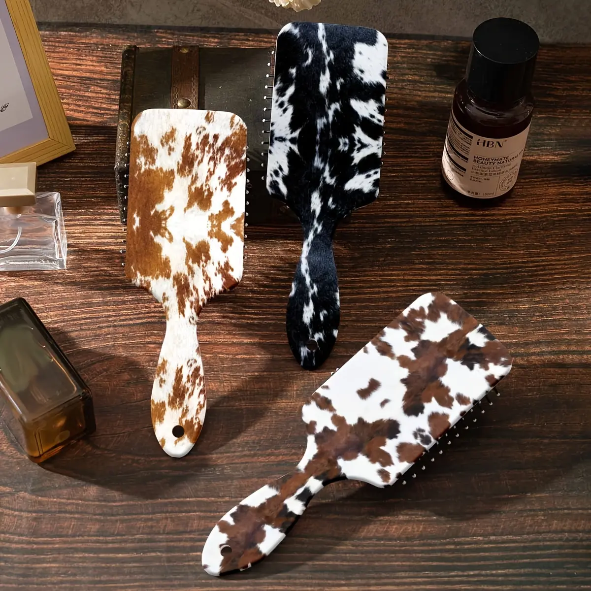 Cow Print Detangling Hairbrush for Girls, Large Anti-Knot Air Cushion Paddle Comb with Nylon Bristles for Scalp Massage