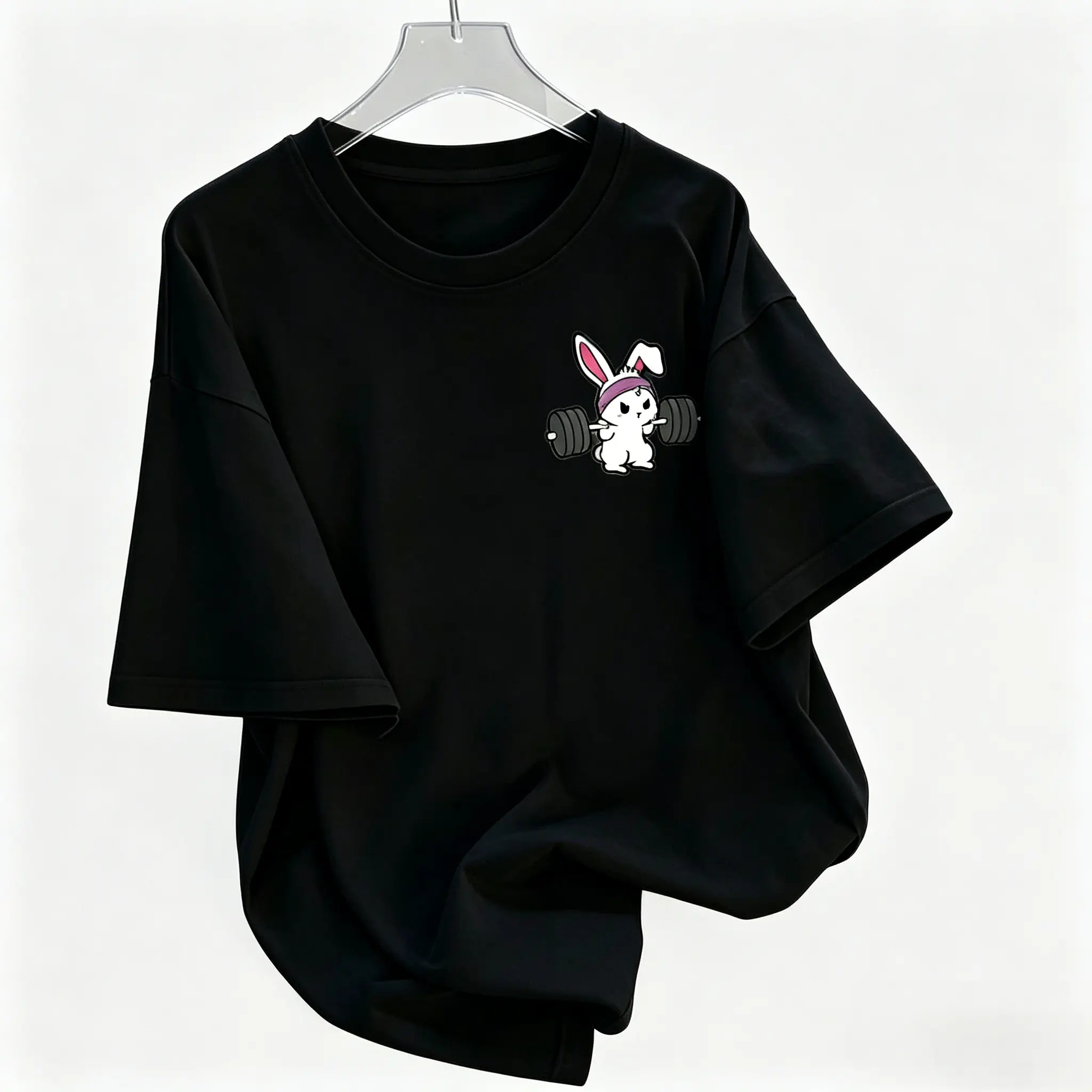 Women's Casual Loose  Round Neck T-Shirt, Cute Rabbit Weightlifting Print, 100% Cotton Fabric, Soft Breathable, All Seasons Wear