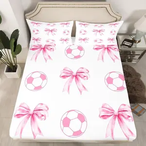 Football Sport Fitted Sheet,Pink Bow Ball Pattern Sheets Set,Breathable Bedding(No Top Sheet),Cartoon Bowknot Soccer Bed Sheet with Deep Pocket,Pink White Girly Bed Cover