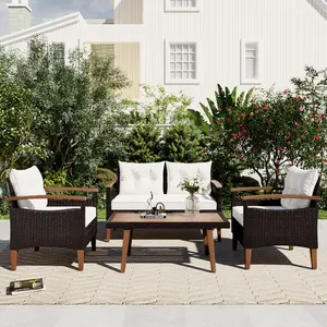 4 Piece Patio Conversation Set Rattan Chair Set Outdoor Furniture Set with Cushions and Coffee Table for Backyard Porch Poolside