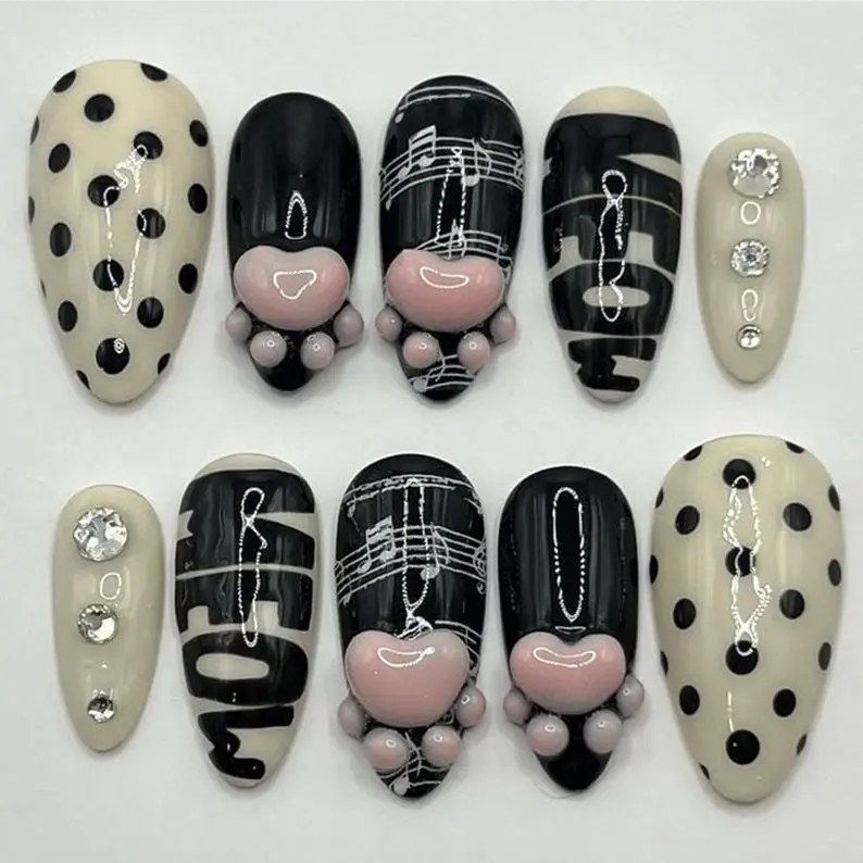 Music Press On Nails, Black White Polka Dots, Notes & 3D Hearts