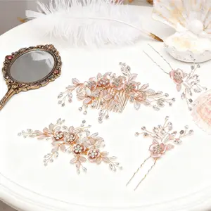 Pack of 4 Flower Barrette, Bridal Hair Accessories with Beautiful Flower Leaf Hair Comb Pin Set,Wedding Hair Combs with Leaves, Rhinestone Hair Pins, Bridal Rose Golden Hair Accessories for Brides and Bridesmaids,Christmas Gifts