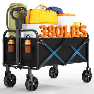 GAOMON Wagons Carts Foldable 380 LBS, Utility Collapsible Wagon with All-Terrain Wheels, Drink Holders & Adjustable Handle, for Shopping, Camping, Black