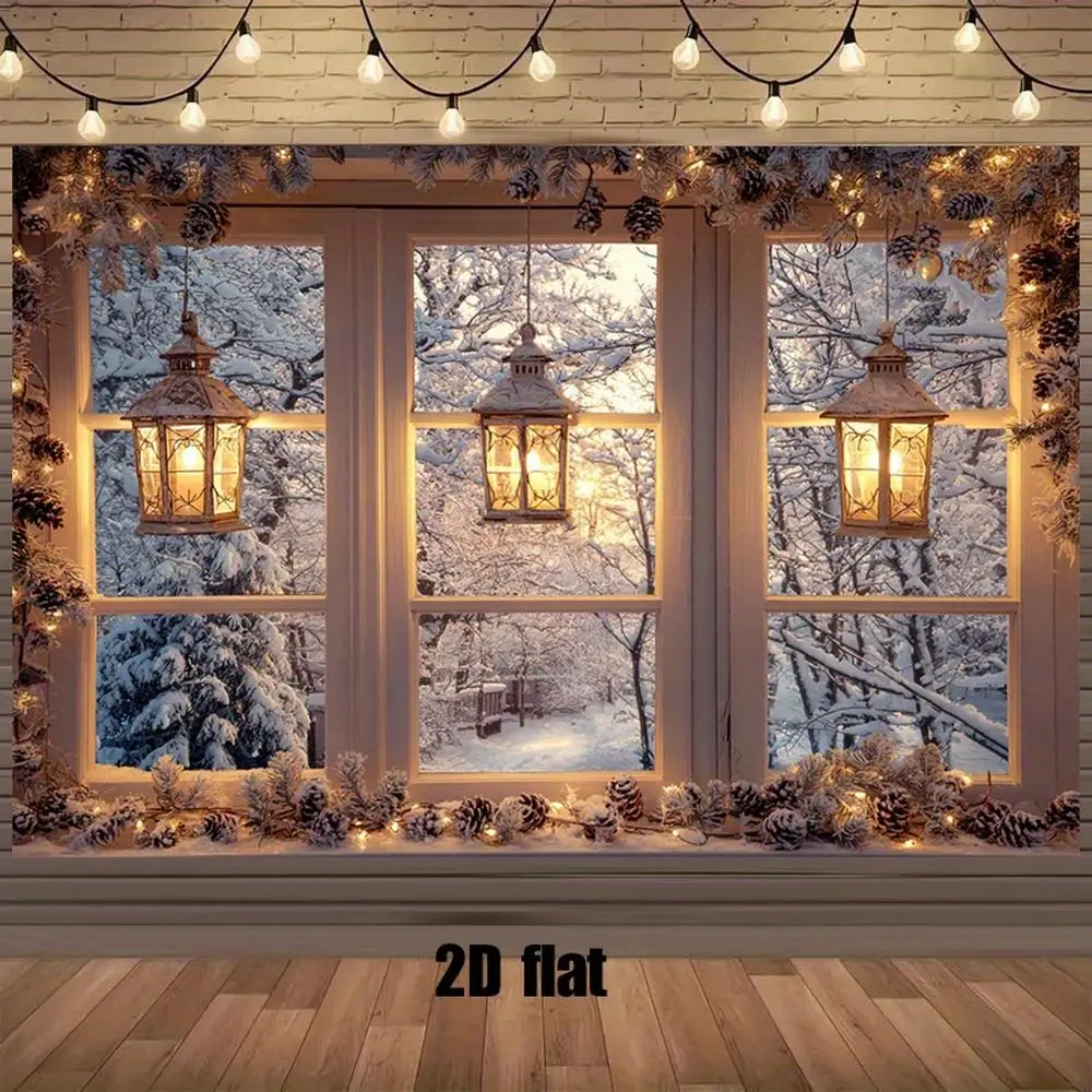 1pc Durable Polyester Flat 2D Winter Window Backdrop - Open Window Snowy Landscape Hanging Banner, No-Electricity Easy-Hang Setup, for Christmas Home Outdoor Decor, Ornaments, Decoration Supplies