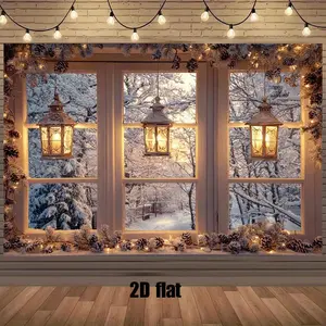 1pc Durable Polyester Flat 2D Winter Window Backdrop, Open Window Snowy Landscape Hanging Banner, No-Electricity Easy-Hang Setup, for Christmas Home Outdoor Decor, Decoration & Ornaments (Festive & Home Supplies)